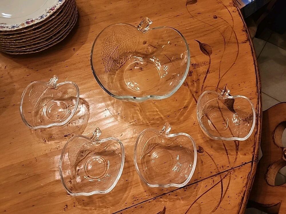 Vintage KIG Glass Apple Shaped Serving Bowl w/ 4 individual Bowls